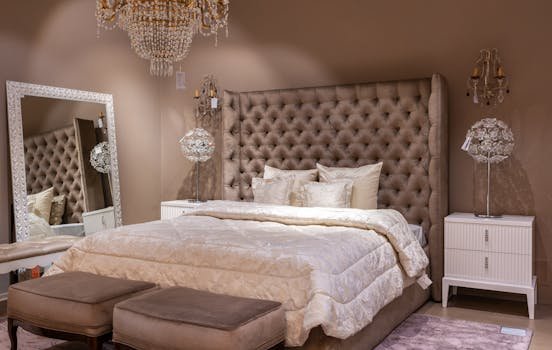 pexels-photo-7535037-7535037 Luxurious bedroom featuring a tufted headboard, chandelier, and elegant decor.